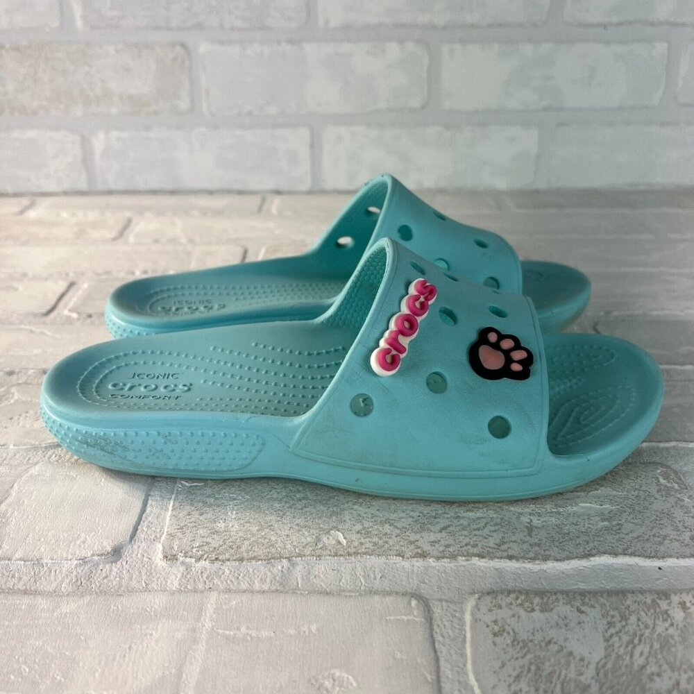 Crocs Classic Men 5 Women 7 Blue Green Strap Slide Unisex Iconic Sandals‎ Charms - Picture 3 of 14